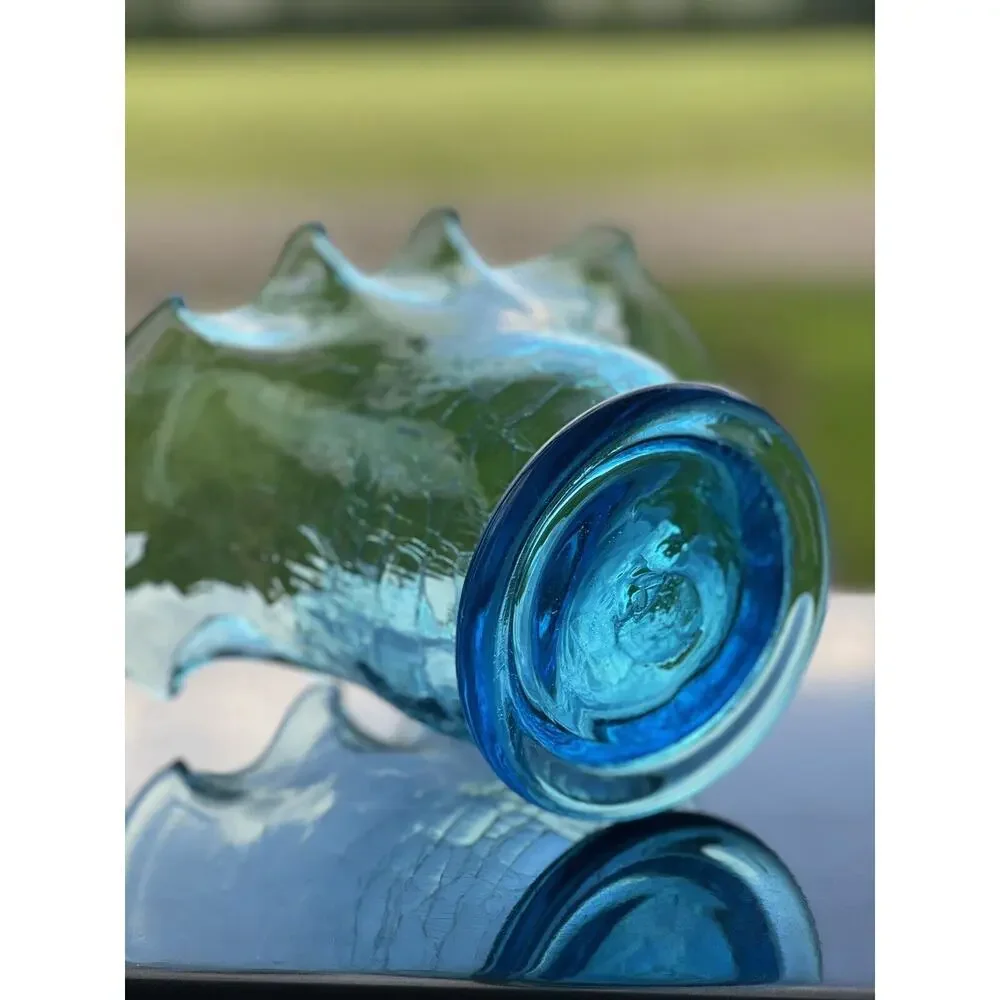 Vintage Bischoff Crackle‎ Ruffled Blown Glass Bowl Vase Blue MCM 5.5
